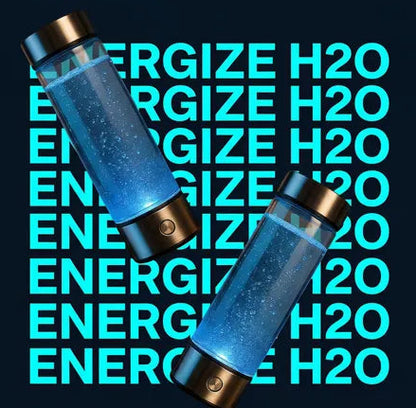 Two blue water bottles with copper accents on a black background with 'ENERGIZE H2O' text.