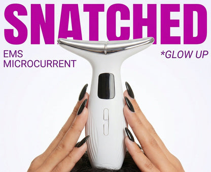 Person holding a hair removal device with text about LED triple threat, EMS microcurrent, and glow up on a white background.